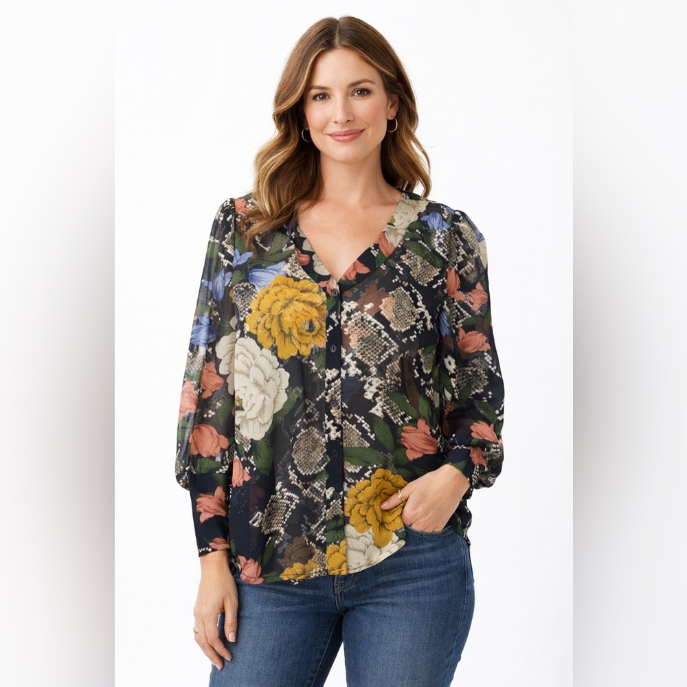 CAbi Floral Sheer Chiffon Blouse Boho Romantic Button Front Lightweight Top SzL